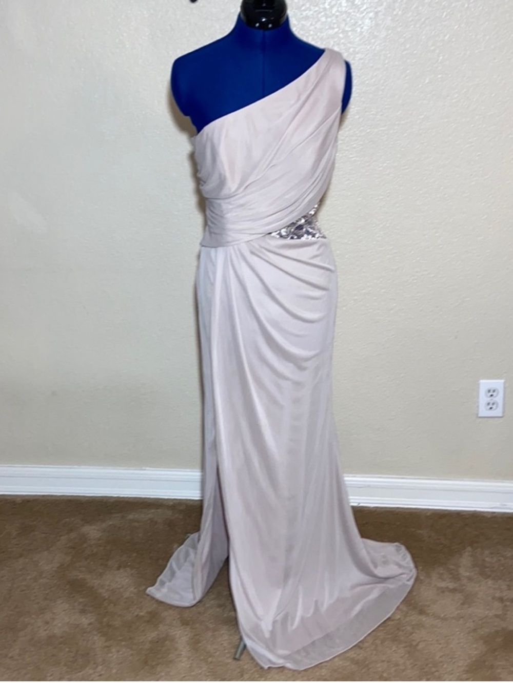 David's Bridal One-Shoulder Cream Evening Gown with Lace Side Inset